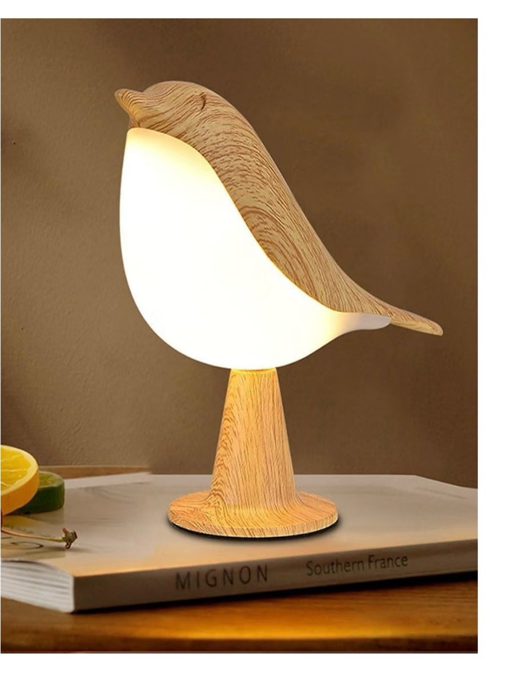 Wood Grain Bird Table Lamp in Natural Wood and White